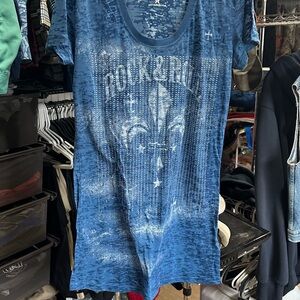 Rock & Roll Cowgirl Blue Short Sleeve Rhinestone Fleur-de-Lis Tee